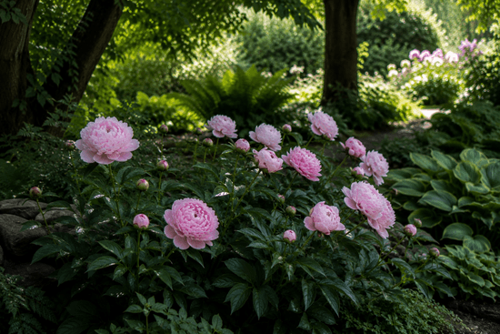 peonies in shade